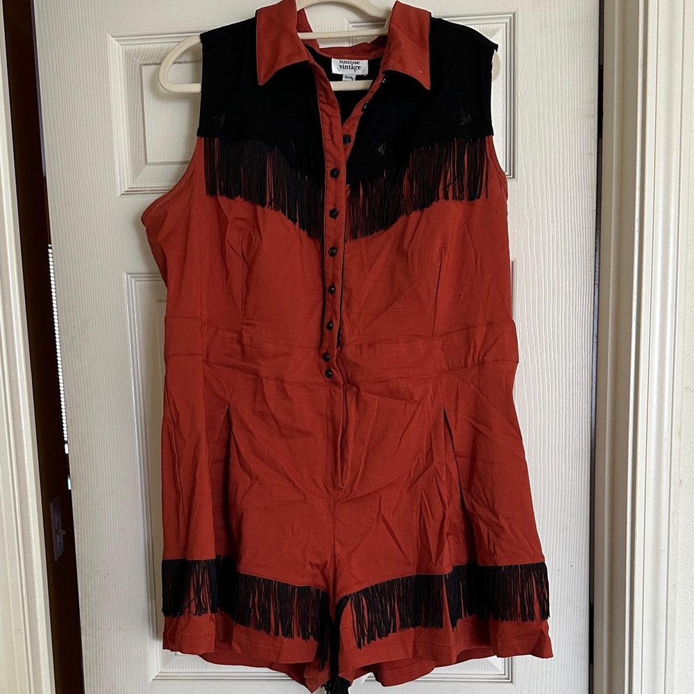 Unique Vintage Red and Black Fringe Jumpsuit